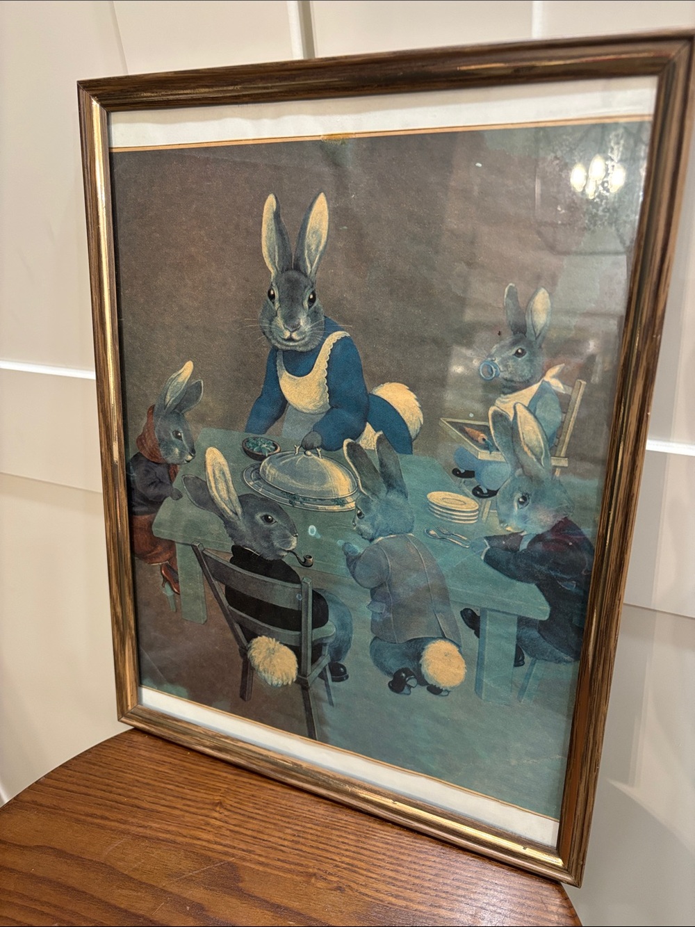 Vintage Bunny Family Dining Art Print in Blue and Cream